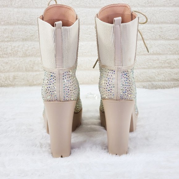 Barri Nude Rhinestone Chunky Heel Platform Ankle Boots - Picture 8 of 15